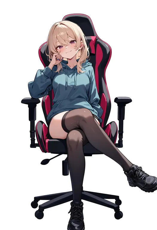 masterpiece, best quality, score_7, safe, gaming chair, 1girl, solo, simple background — by k3scat, made with ComfyUI
