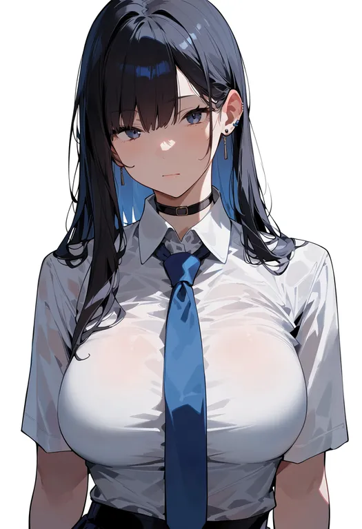 masterpiece, best quality, score_7, safe, blue necktie, 1girl, solo, upper body, simple background — by k3scat, made with ComfyUI