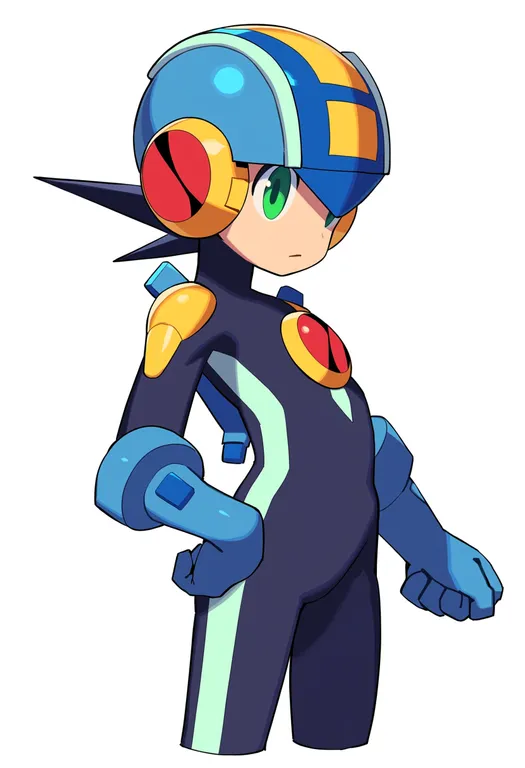 masterpiece, best quality, score_7, safe, mega man battle network 1, solo, simple background — by k3scat, made with ComfyUI