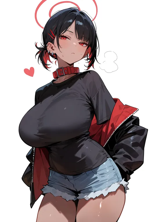 masterpiece, best quality, score_7, safe, red collar, 1girl, solo, simple background — by k3scat, made with ComfyUI
