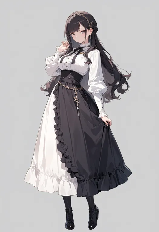 masterpiece, best quality, score_7, safe, two-tone dress, 1girl, solo, simple background — by k3scat, made with ComfyUI