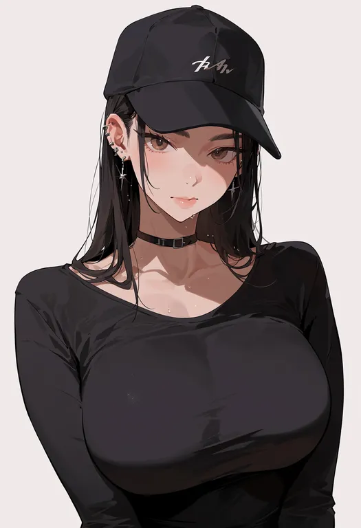 masterpiece, best quality, score_7, safe, black hat, 1girl, solo, upper body, simple background — by k3scat, made with ComfyUI
