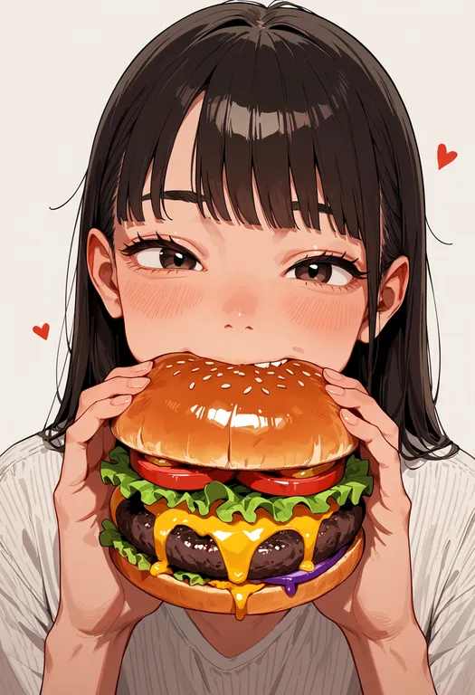masterpiece, best quality, score_7, safe, burger, 1girl, solo, upper body, simple background — by k3scat, made with ComfyUI