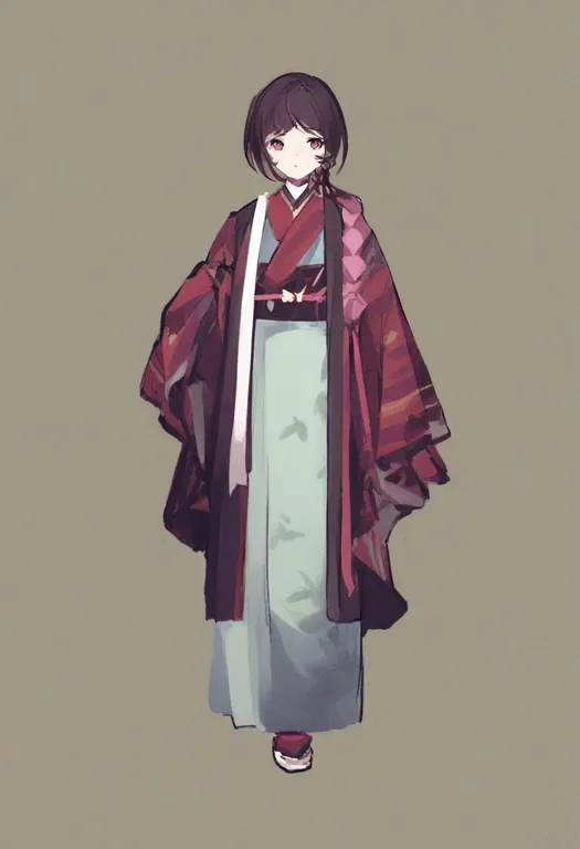 masterpiece, best quality, general, layered kimono, 1girl, solo, full body, simple background — by k3scat, made with ComfyUI