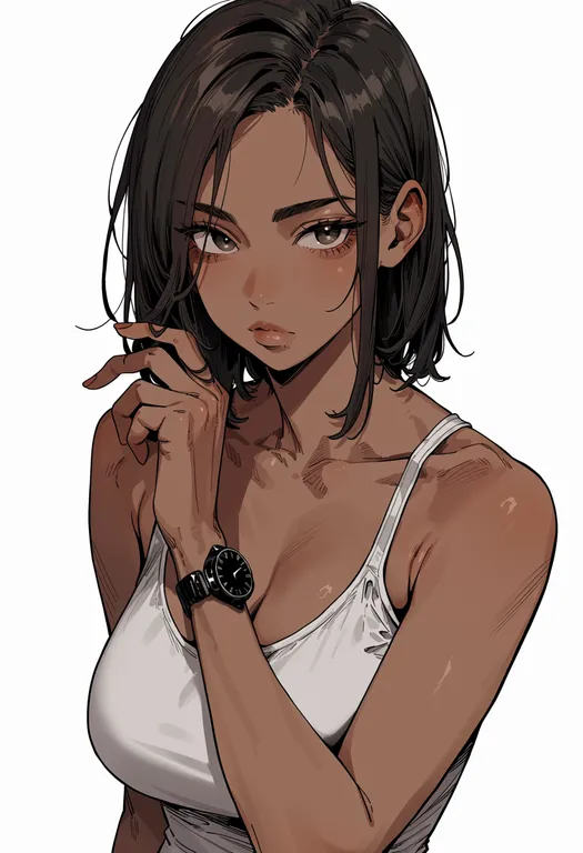 masterpiece, best quality, score_7, safe, wristwatch, 1girl, solo, upper body, simple background — by k3scat, made with ComfyUI