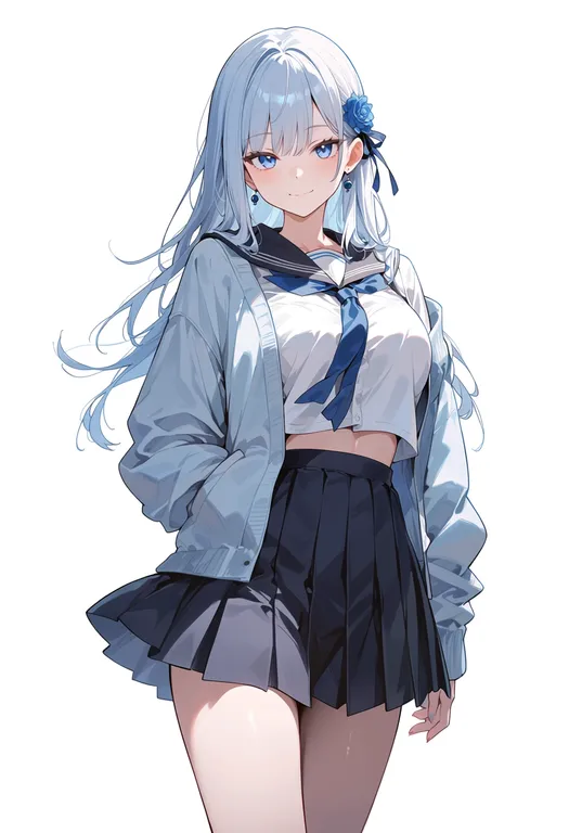 masterpiece, best quality, score_7, safe, blue flower, 1girl, solo, simple background — by k3scat, made with ComfyUI
