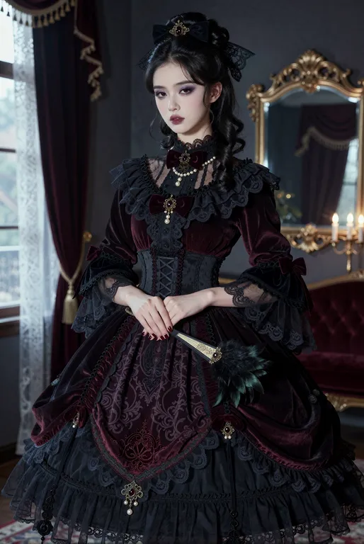 一位东方美女，身材纤细苗条，黑色长发编成精致的洛可可式卷发高髻，发间点缀黑色蕾丝蝴蝶结与暗色宝石发夹，皮肤白皙如瓷，杏仁眼轮廓深邃，眼妆以紫黑烟熏强调，嘴唇涂成暗莓果色，表情冷艳矜持，下颌微抬，流露出疏离的贵族气质。深色系洛丽塔洋装繁复华丽… — by kessness, made with ComfyUI