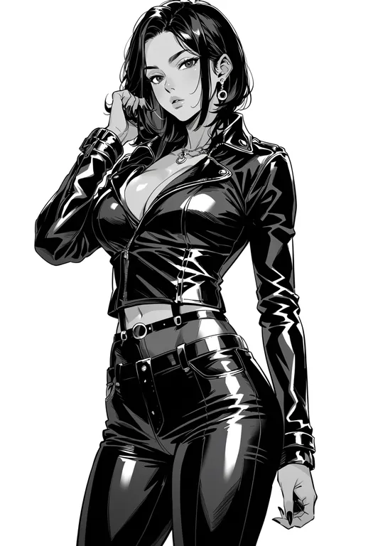 masterpiece, best quality, score_7, safe, leather, 1girl, solo, simple background — by k3scat, made with ComfyUI