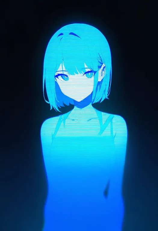 masterpiece, best quality, newest, absurdres, highres, safe, hologram, 1girl, solo, simple_background — by k3scat, made with ComfyUI