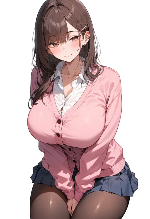 masterpiece, best quality, score_7, safe, pink cardigan, 1girl, solo, simple background — by k3scat, made with ComfyUI