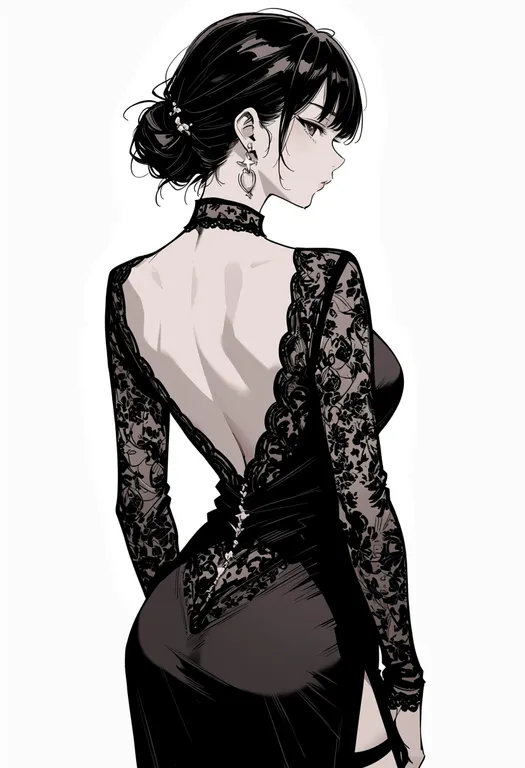 masterpiece, best quality, score_7, safe, backless dress, 1girl, solo, simple background — by k3scat, made with ComfyUI