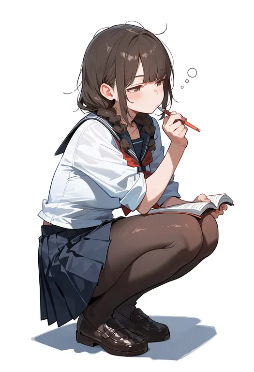masterpiece, best quality, score_7, safe, studying, 1girl, solo, full body, simple background — by k3scat, made with ComfyUI