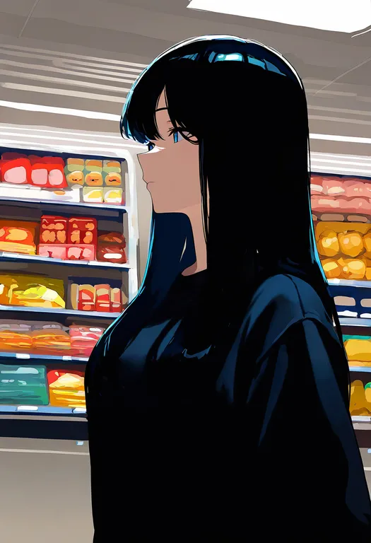 masterpiece, best quality, newest, absurdres, highres, safe, supermarket, 1girl, solo, upper_body, simple_background — by k3scat, made with ComfyUI