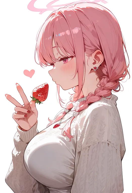 masterpiece, best quality, score_7, safe, strawberry slice, 1girl, solo, upper body, simple background — by k3scat, made with ComfyUI