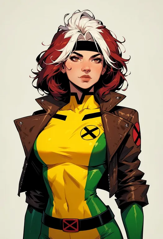 masterpiece, best quality, score_7, safe, rogue (x-men), x-men, solo, upper body, simple background — by k3scat, made with ComfyUI