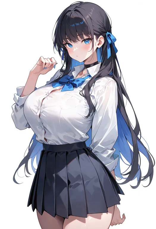 masterpiece, best quality, score_7, safe, blue ribbon, 1girl, solo, simple background — by k3scat, made with ComfyUI