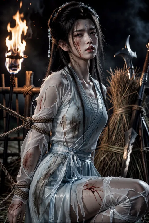 Lu Xueqi, realistic facial proportions，一位古风仙子，面容清丽绝伦但沾染尘土与血迹，皮肤白皙，几道红色血痕划过脸颊与额头，眼角淤青，嘴唇干裂，眼神疲惫却仍存不屈。乌黑长发散乱，发髻松散，几缕发丝黏在汗湿… — by kessness, made with ComfyUI