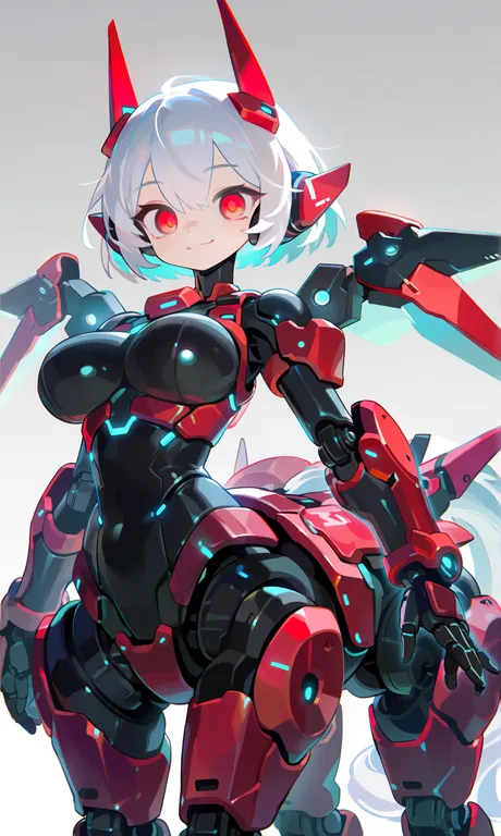 1girl, solo, centaur, mecha, monster girl, short hair, white hair, red eyes, blush, smile, looking at viewer, mechanical — by cb z, made with ComfyUI