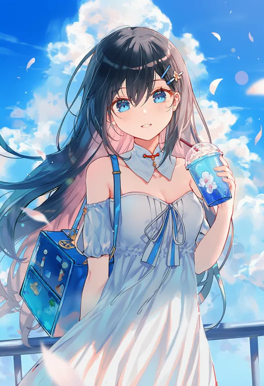 1girl, bag, bare shoulders, black hair, blue bag, blue eyes, blue sky, breasts, cleavage, cloud, cloudy sky, cup… — by 三叶草, made with NovelAI