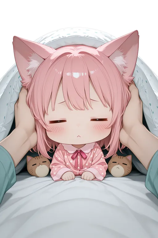 blush, long sleeves, white background, ribbon, closed mouth, closed eyes, solo focus, cat ears, chibi, neck ribbon, pov, — by Nick man, made with ComfyUI