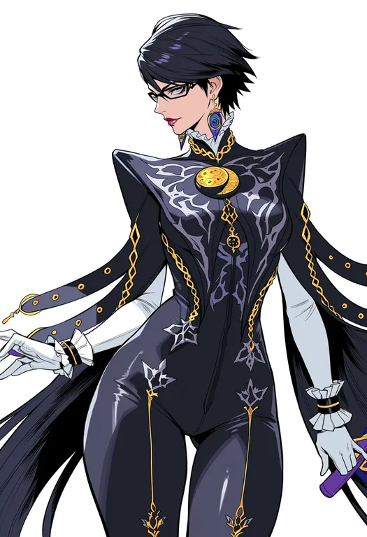 masterpiece, best quality, score_7, safe, bayonetta (series), solo, simple background — by k3scat, made with ComfyUI