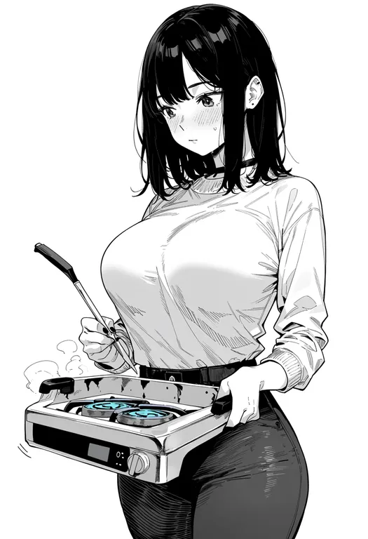 masterpiece, best quality, score_7, safe, stove, 1girl, solo, upper body, simple background — by k3scat, made with ComfyUI