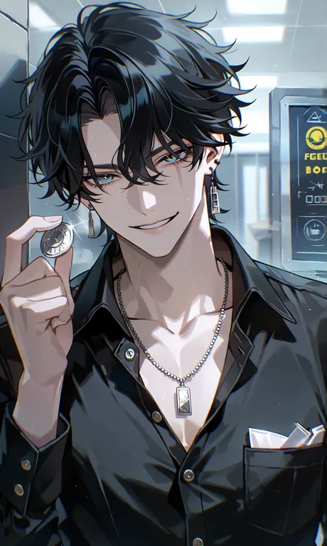 A close-up portrait of a strikingly handsome young man in a casual dark silk shirt with two top buttons undone… — by 岚亦, made with ComfyUI