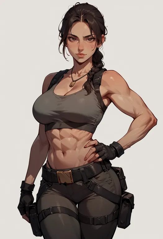 masterpiece, best quality, score_7, safe, tomb raider, solo, simple background — by k3scat, made with ComfyUI