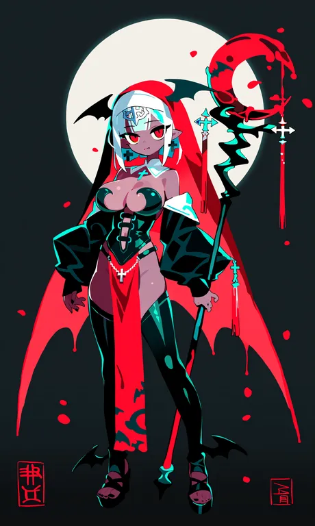 1girl, solo, blood, vampire, revealing clothes, rpg style, fantasy, brown skin, inverted cross earrings, white hair, red — by cb z, made with ComfyUI