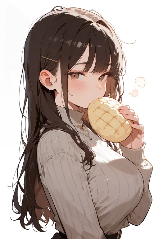 masterpiece, best quality, score_7, safe, melon bread, 1girl, solo, upper body, simple background — by k3scat, made with ComfyUI