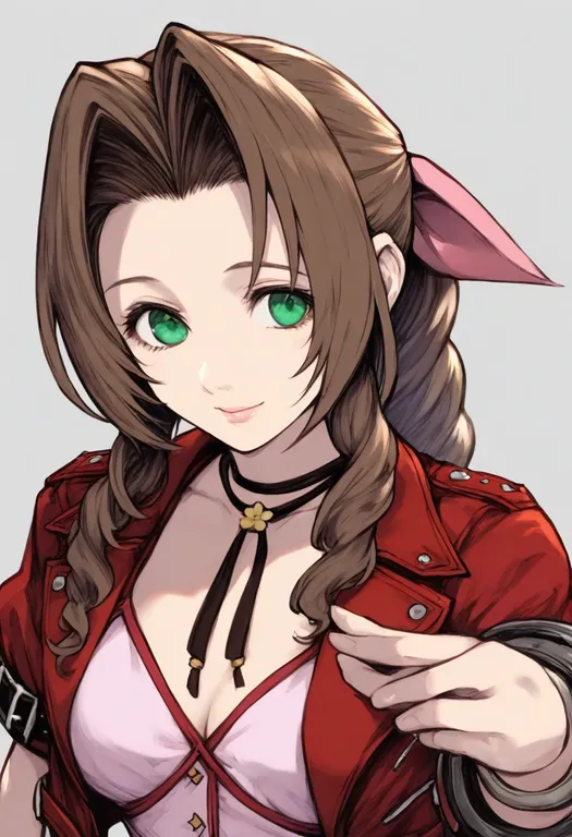 masterpiece, best quality, general, aerith gainsborough, final fantasy vii, solo, upper body, simple background — by k3scat, made with ComfyUI