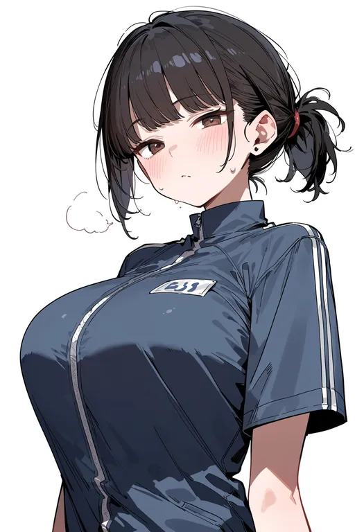 masterpiece, best quality, score_7, safe, short-sleeved jacket, 1girl, solo, upper body, simple background — by k3scat, made with ComfyUI