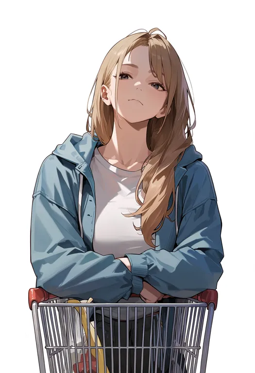 masterpiece, best quality, score_7, safe, shopping cart, 1girl, solo, upper body, simple background — by k3scat, made with ComfyUI