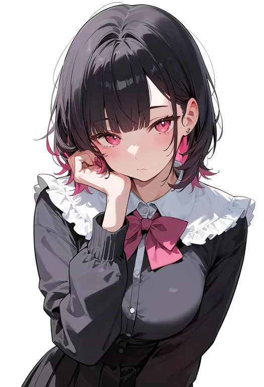 masterpiece, best quality, score_7, safe, bowtie, 1girl, solo, upper body, simple background — by k3scat, made with ComfyUI