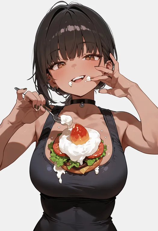 masterpiece, best quality, score_7, safe, food on body, 1girl, solo, upper body, simple background — by k3scat, made with ComfyUI