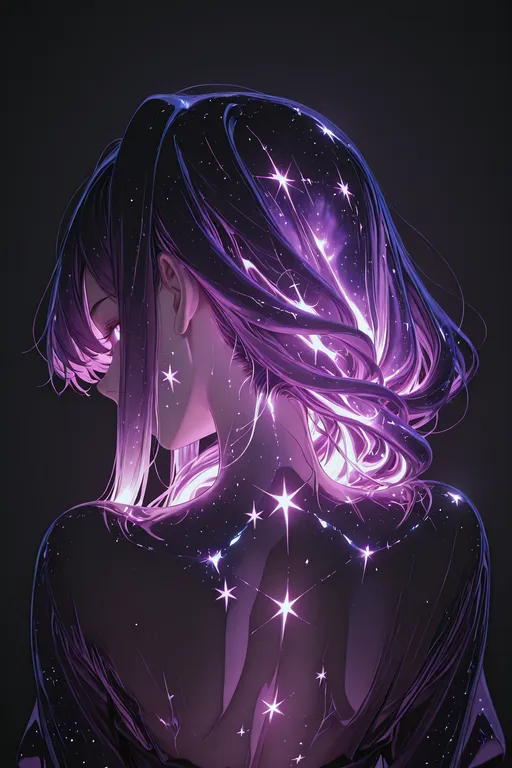 masterpiece, high quality, ultra-detailed, from behind, high angle, upper body focus, (galaxy purple long hair:1.3)… — by Nick man, made with ComfyUI