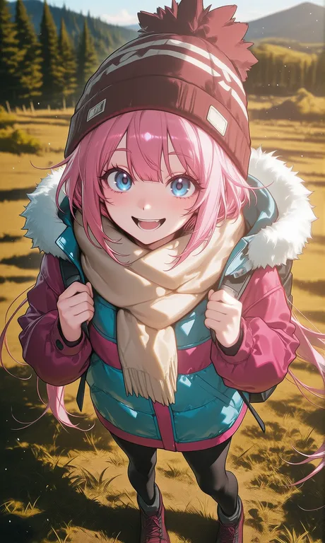 nadeshiko kagamihara, yuru camp, pink hair, light pink shoulder‑length hair, pink short bob hair, big amber eyes… — by shiyi0727, made with ComfyUI