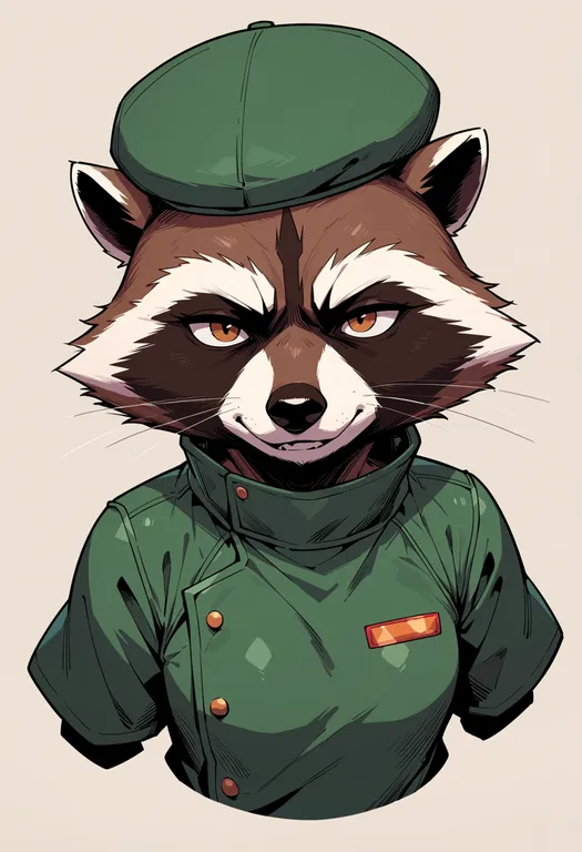 masterpiece, best quality, score_7, safe, rocket raccoon, solo, upper body, simple background — by k3scat, made with ComfyUI