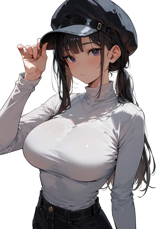 masterpiece, best quality, score_7, safe, hand on headwear, 1girl, solo, upper body, simple background — by k3scat, made with ComfyUI