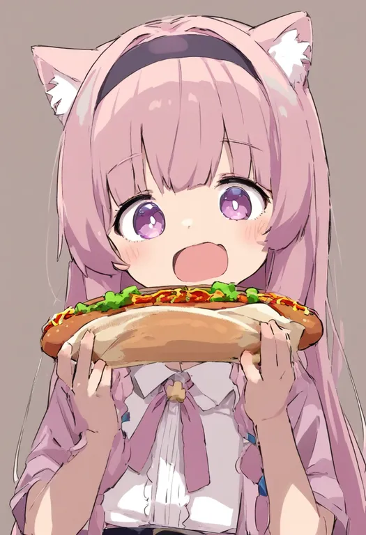 masterpiece, best quality, general, hot dog, 1girl, solo, upper body, simple background — by k3scat, made with ComfyUI