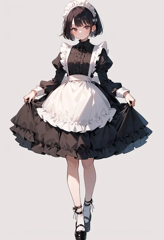 masterpiece, best quality, score_7, safe, frilled dress, 1girl, solo, simple background — by k3scat, made with ComfyUI