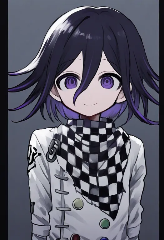 masterpiece, best quality, general, oma kokichi, danganronpa v3: killing harmony, solo, upper body, simple background — by k3scat, made with ComfyUI