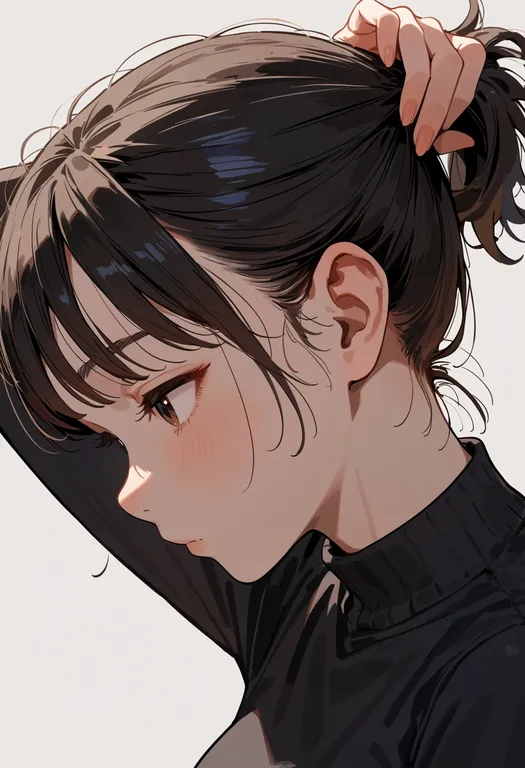 masterpiece, best quality, score_7, safe, adjusting hair, 1girl, solo, portrait, simple background — by k3scat, made with ComfyUI