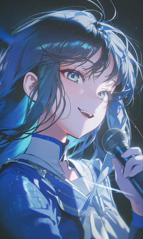1girl, idol singer school girl, blue and white stage outfit, microphone, holographic sound waves, cheerful… — by Coder24861, made with ComfyUI