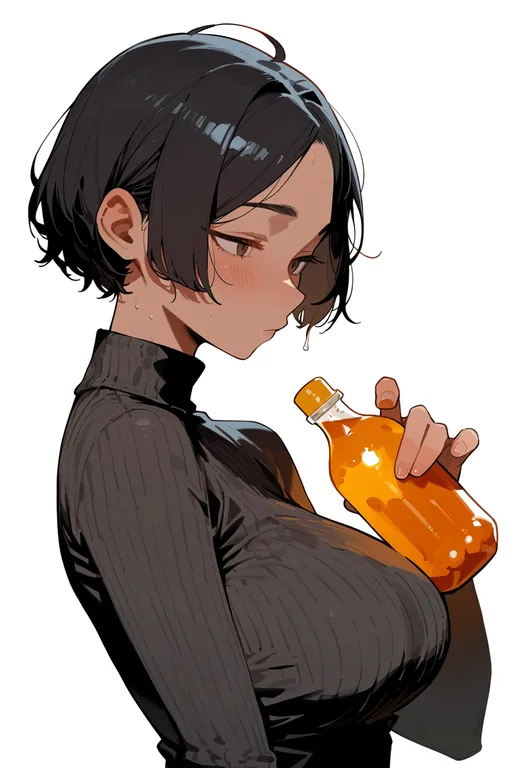 masterpiece, best quality, score_7, safe, jug (bottle), 1girl, solo, upper body, simple background — by k3scat, made with ComfyUI