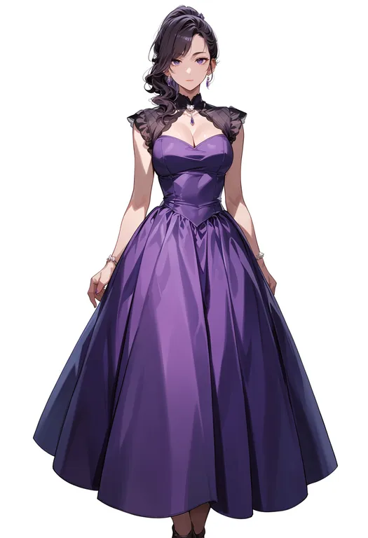 masterpiece, best quality, score_7, safe, purple dress, 1girl, solo, simple background — by k3scat, made with ComfyUI