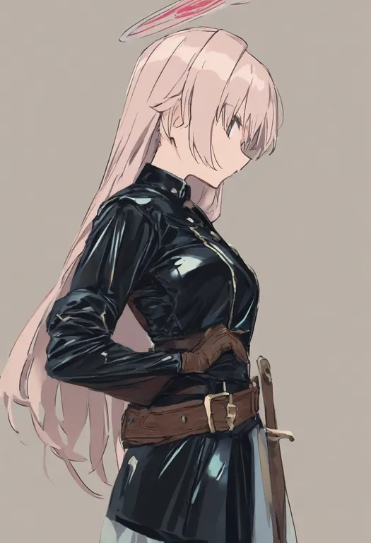 masterpiece, best quality, general, leather belt, 1girl, solo, simple background — by k3scat, made with ComfyUI