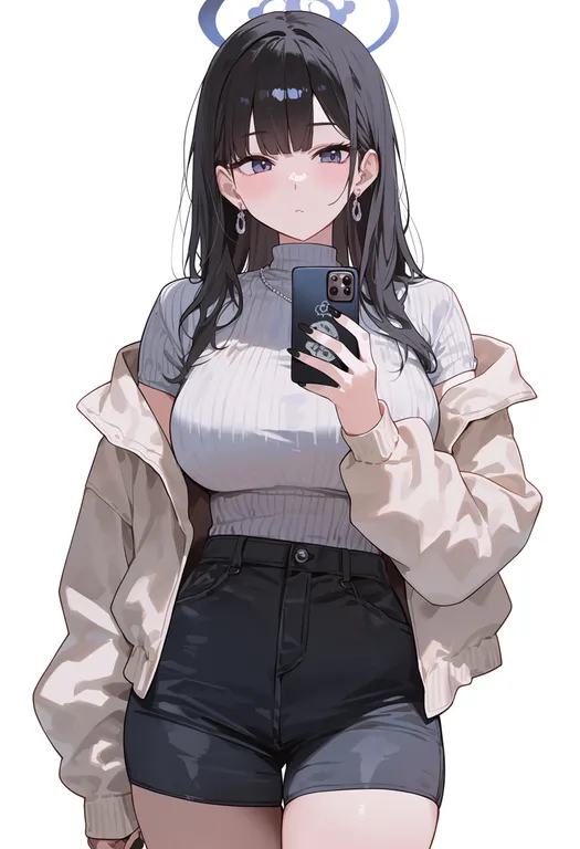 masterpiece, best quality, score_7, safe, phone, 1girl, solo, simple background — by k3scat, made with ComfyUI