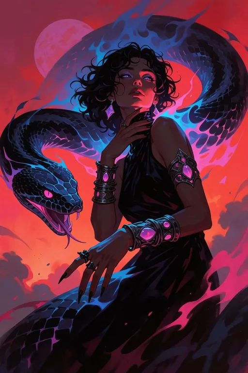 The image is a digital illustration with a dramatic and fantastical theme, featuring a woman and a large, mystical snake — by 姜饼人, made with SD WebUI