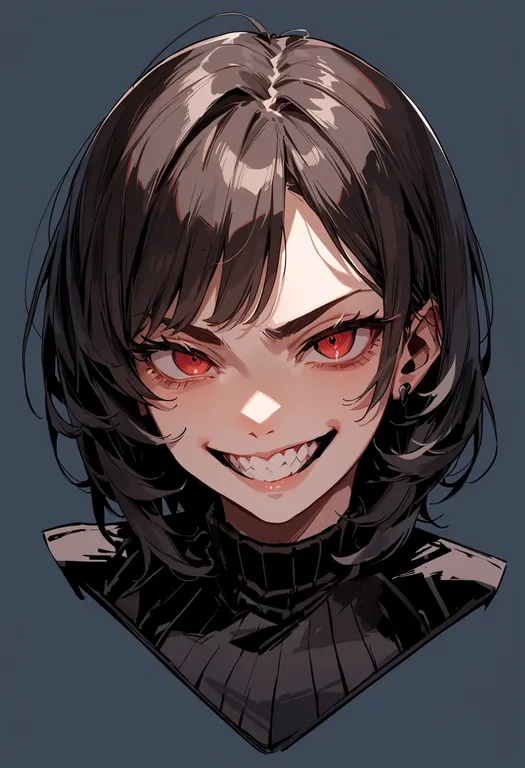 masterpiece, best quality, score_7, safe, evil grin, 1girl, solo, portrait, simple background — by k3scat, made with ComfyUI